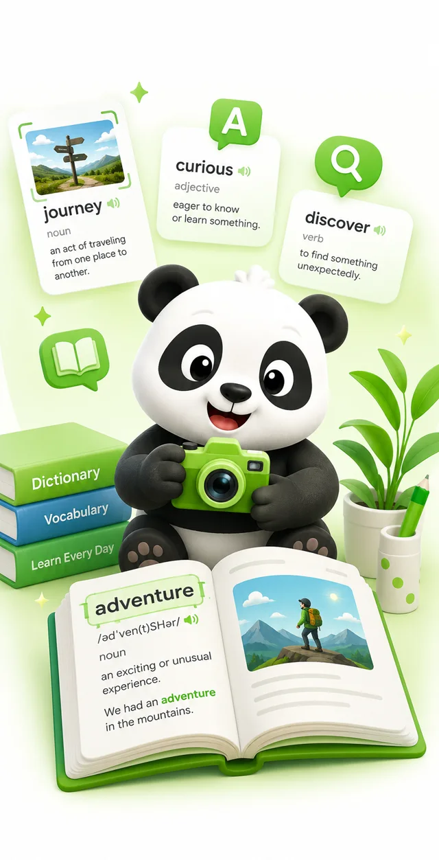 Voca vocabulary learning illustration with a panda, word cards, and an open book